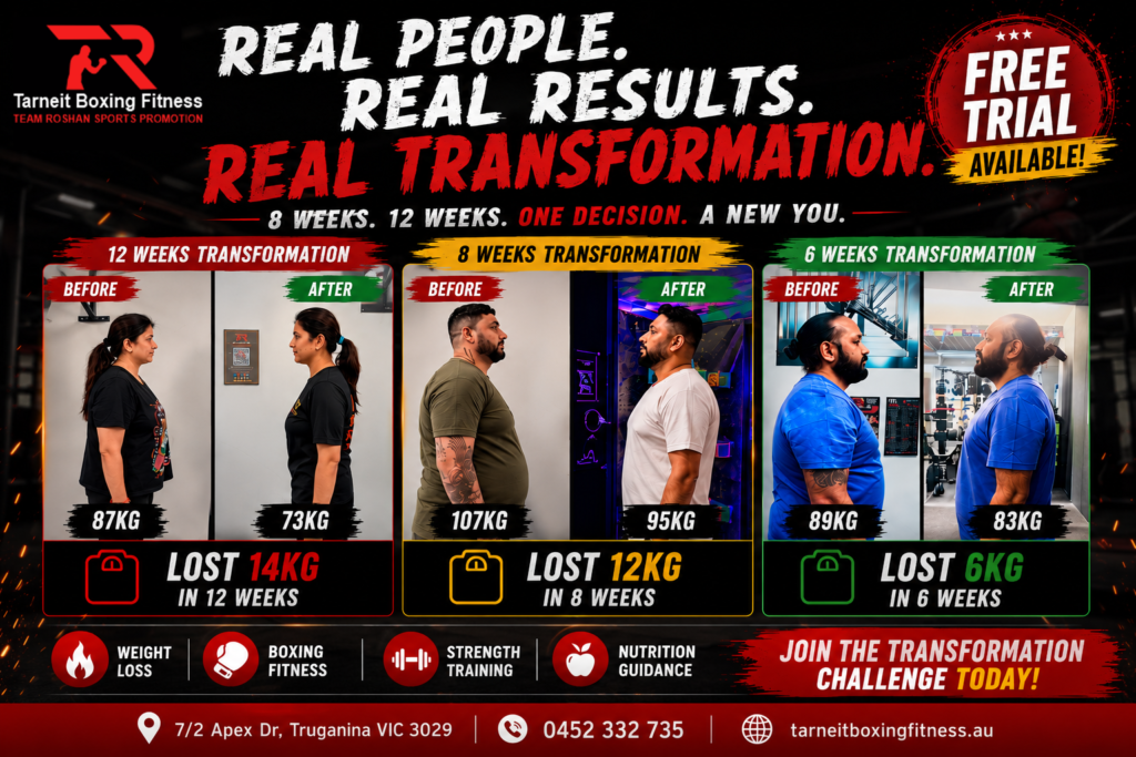 Real People. Real Results. Real Transformation. Real weight loss transformation results at Tarneit Boxing & Fitness Centre showing 6, 8 and 12 week body transformations.